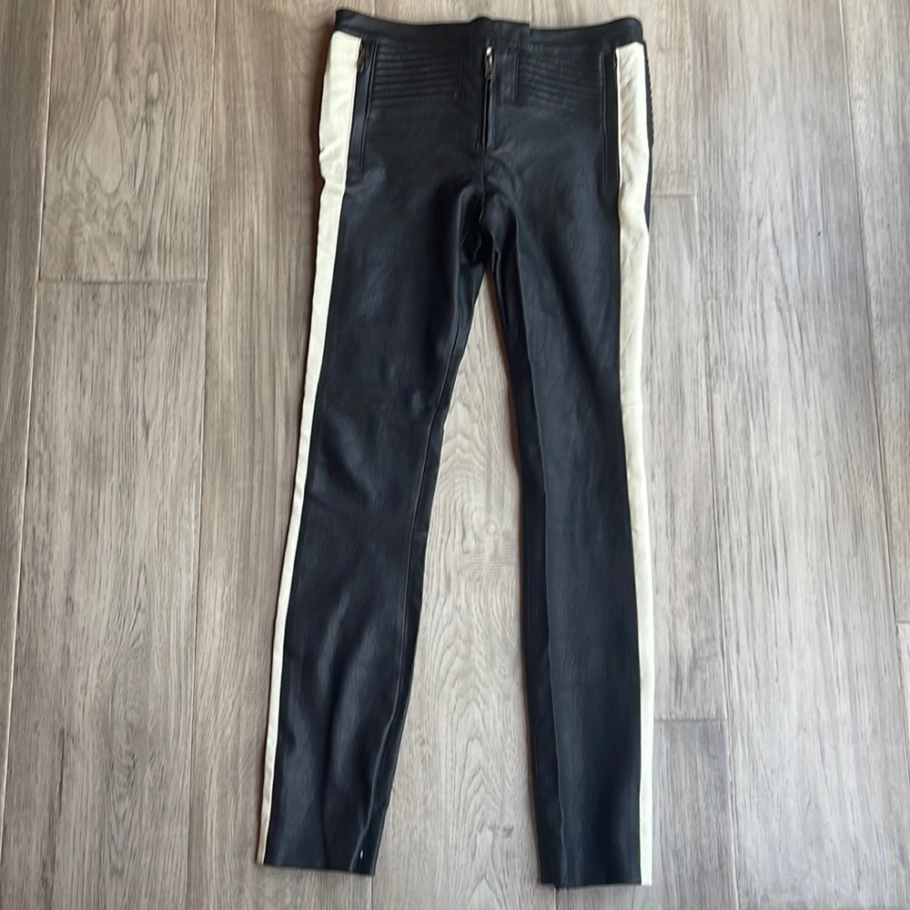 ALC Leather Moto pants. Black with ivory side stripe. Brand new/never worn